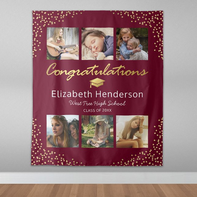 Photo Collage Burgundy Gold Graduation Backdrop (Creator Uploaded)