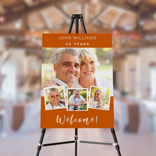 Photo collage burnt orange birthday party welcome foam board