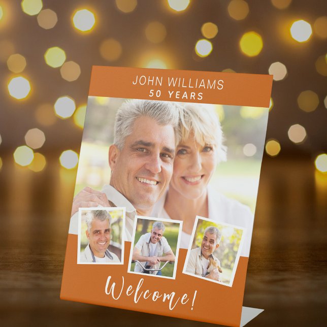 Photo collage burnt orange birthday party welcome pedestal sign (Creator Uploaded)