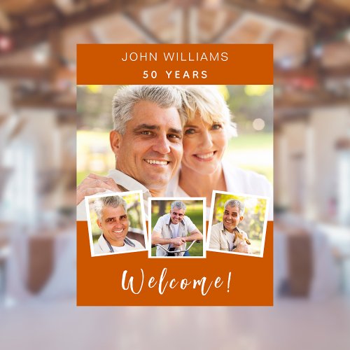 Photo collage burnt orange birthday party welcome poster