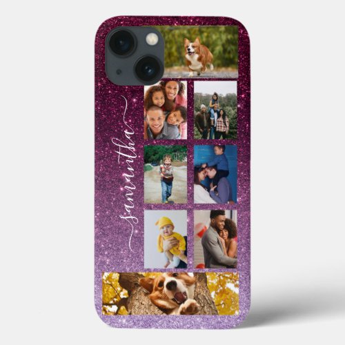 Photo Collage Calligraphy Monogram Name Glitter iPhone 13 Case