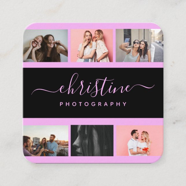 Photo Collage & Calligraphy Monogram Photographer  Square Business Card (Front)