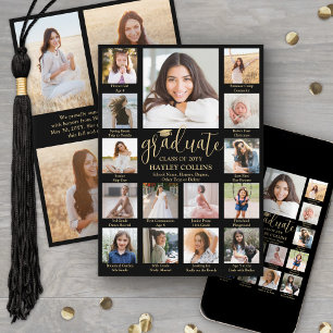 Photo Collage & Captions Black & Gold Graduation Announcement