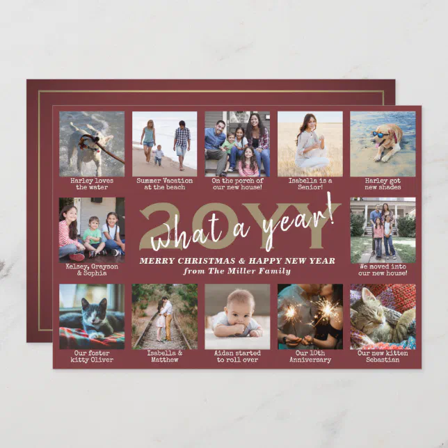 Photo Collage & Captions What a Year Burgundy Gold Holiday Card Zazzle