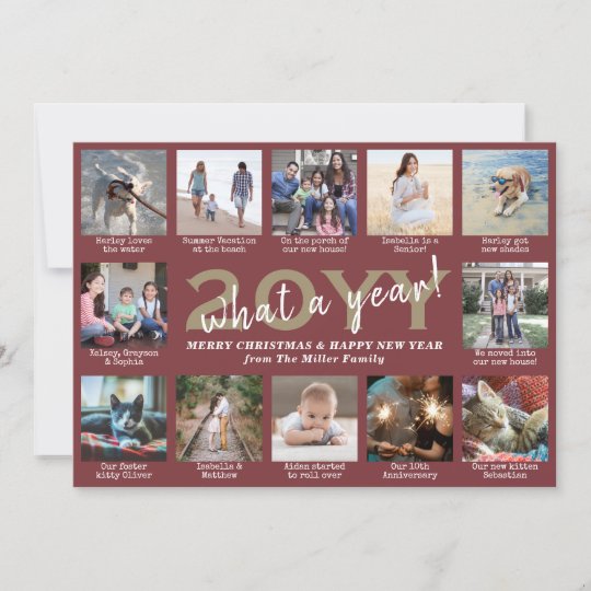 Photo Collage & Captions What a Year Burgundy Gold Holiday Card