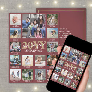 Photo Collage & Captions What a Year Burgundy Gold Holiday Card