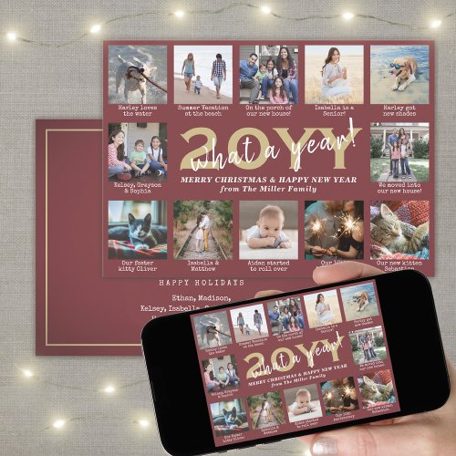 Photo Collage  Captions What a Year Burgundy Gold Holiday Card
