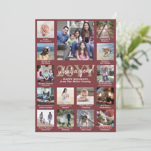 Photo Collage & Captions What a Year Burgundy Gold Holiday Card Zazzle