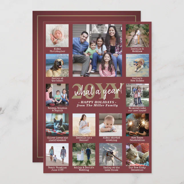 Photo Collage & Captions What a Year Burgundy Gold Holiday Card Zazzle
