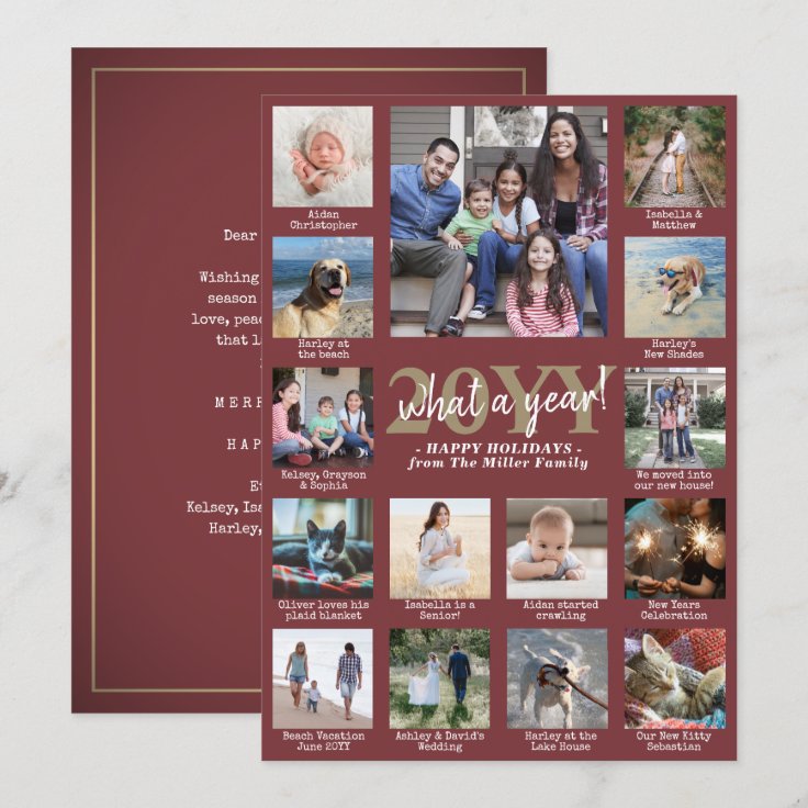 Photo Collage & Captions What a Year Burgundy Gold Holiday Card Zazzle