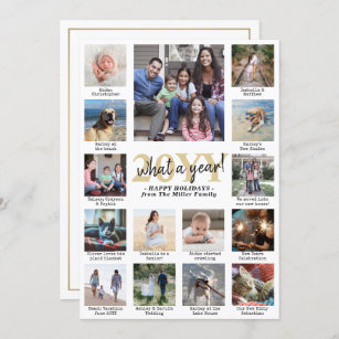 Photo Collage & Captions What a Year Gold White Holiday Card