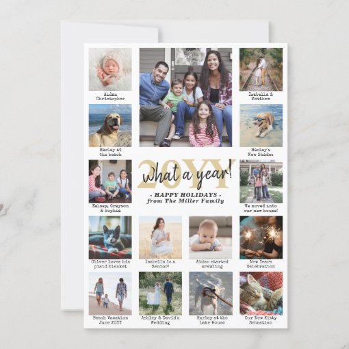 Photo Collage & Captions What a Year Gold White Holiday Card Zazzle