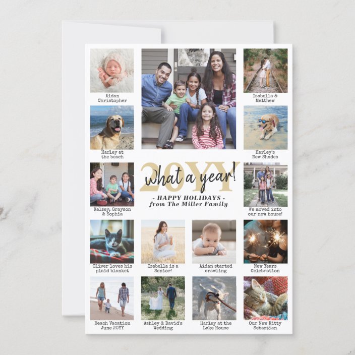 Photo Collage & Captions What a Year Gold White Holiday Card
