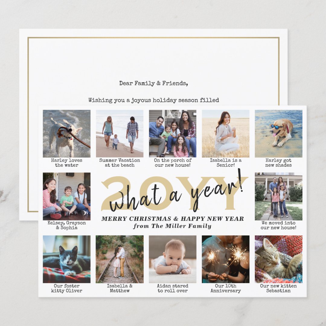 Photo Collage & Captions What a Year Gold White Holiday Card Zazzle