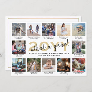 Photo Collage & Captions What a Year Gold White Holiday Card