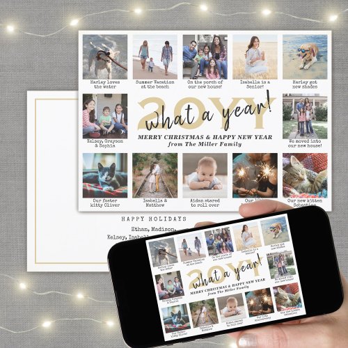 Photo Collage  Captions What a Year Gold White Holiday Card