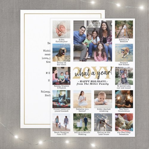 Photo Collage  Captions What a Year Gold White Holiday Card