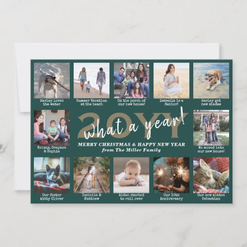 Photo Collage & Captions What a Year Green & Gold Holiday Card Zazzle