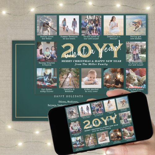 Photo Collage  Captions What a Year Green  Gold Holiday Card