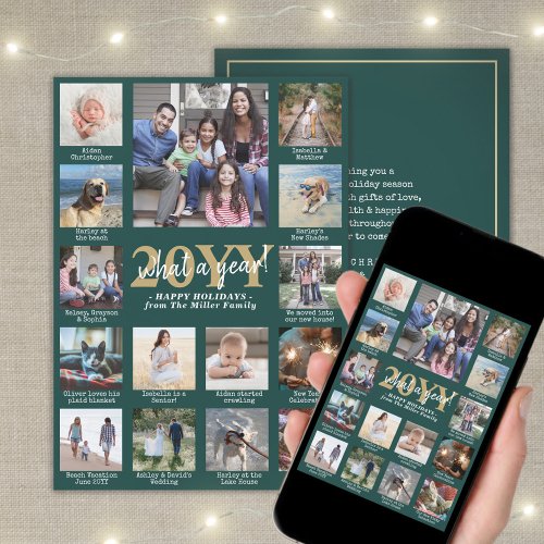 Photo Collage  Captions What a Year Green  Gold Holiday Card
