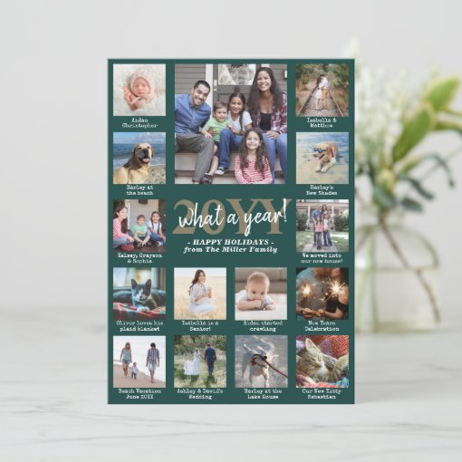 Photo Collage & Captions What a Year Green & Gold Holiday Card Zazzle