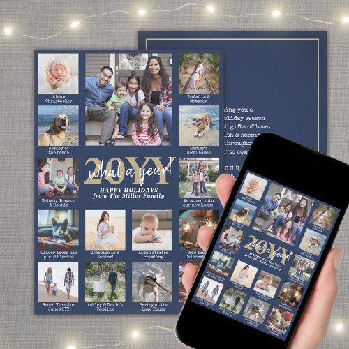 Photo Collage  Captions What a Year Navy and Gold Holiday Card