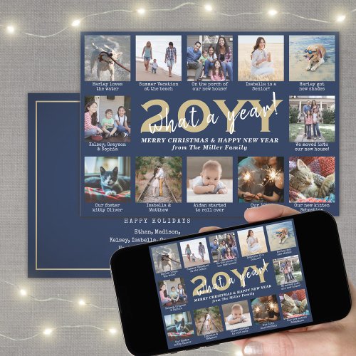 Photo Collage  Captions What a Year Navy  Gold Holiday Card