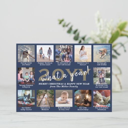 Photo Collage & Captions What a Year Navy & Gold Holiday Card Zazzle
