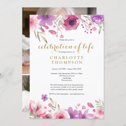 Photo Collage Celebration of Life Floral Funeral Invitation