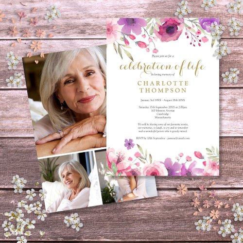 Photo Collage Celebration of Life Floral Funeral Invitation