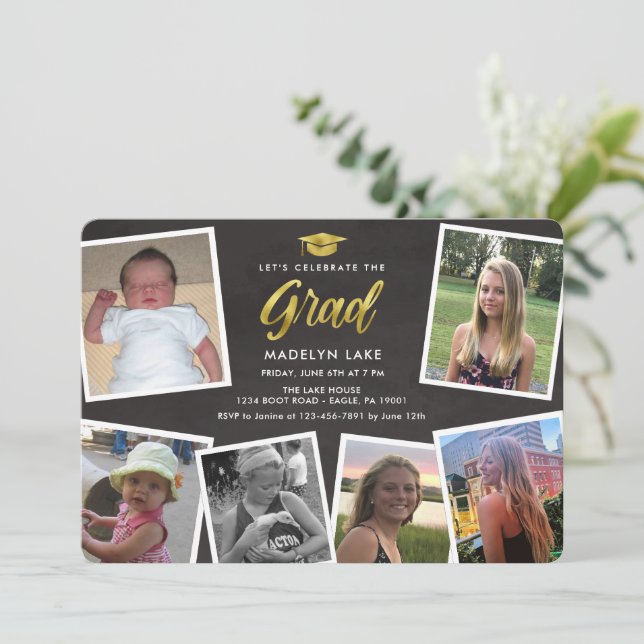 Photo Collage Chalkboard Grad Party Invitation (Standing Front)