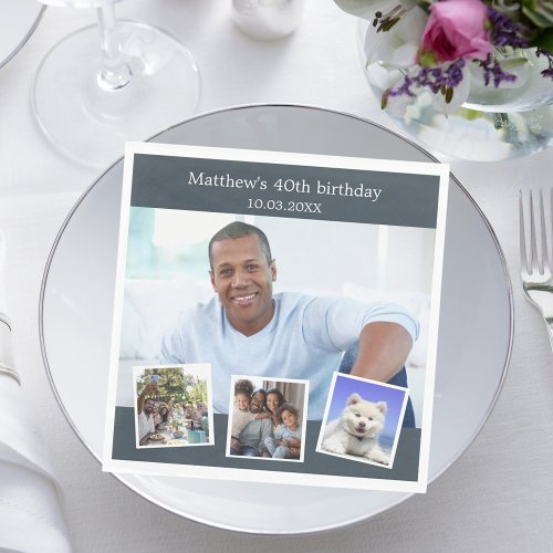 Photo collage charcoal gray birthday party napkins