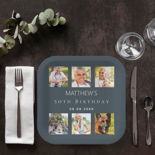 Photo collage charcoal gray birthday party paper plates