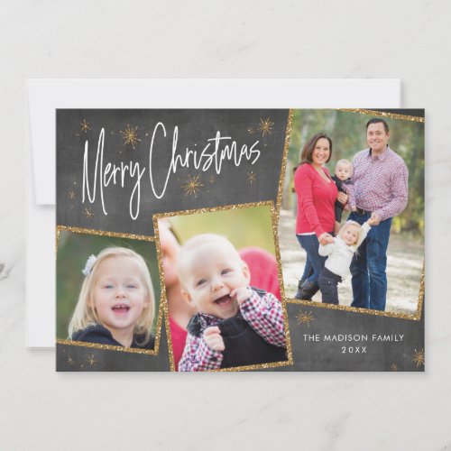 Photo Collage Christmas Card Faux Gold Glitter