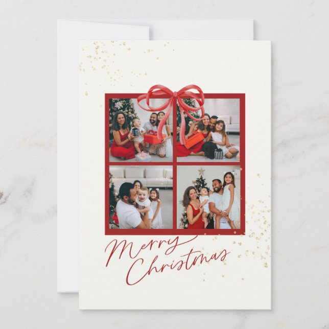 Photo Collage Christmas Present Card Red Bow (Front)