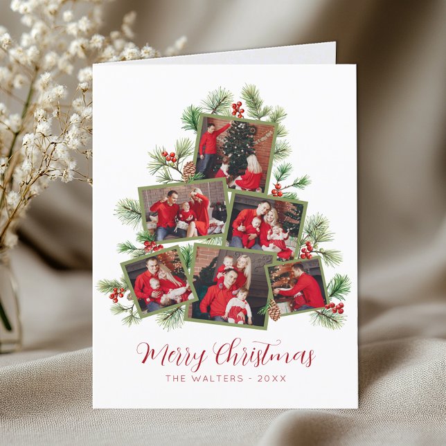 Photo Collage Christmas Tree Family Holiday Card (Family Christmas Tree Photo Collage)