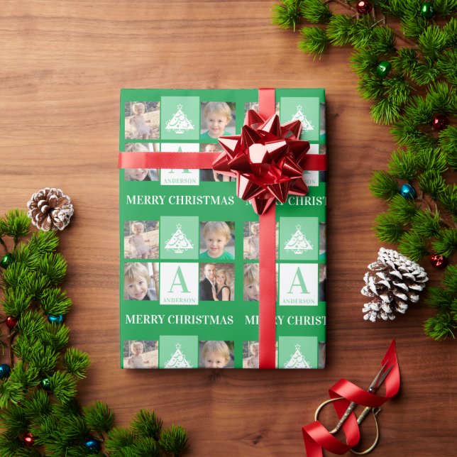 Photo Collage Christmas Tree Monogram Wrapping Paper (Holiday Gift)