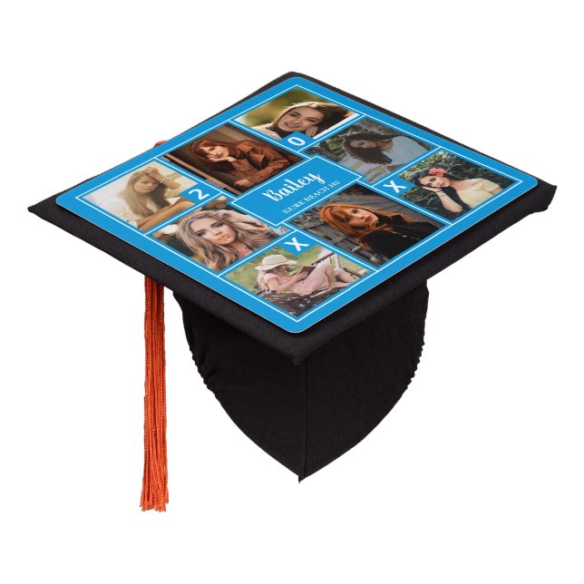Photo Collage & Class Year Blue Graduation Cap Topper (Angled)