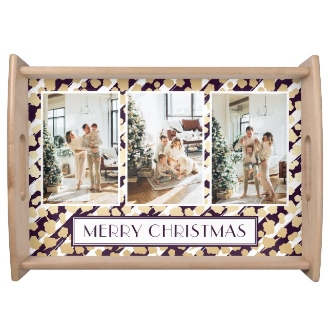 Photo Collage Classy Purple Merry Christmas Serving Tray (Front)