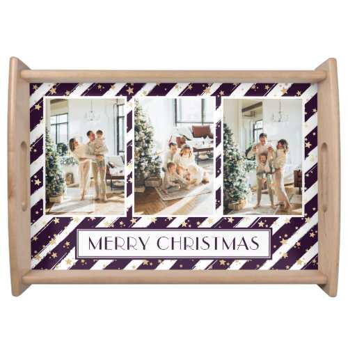 Photo Collage Classy Purple Merry Christmas Serving Tray