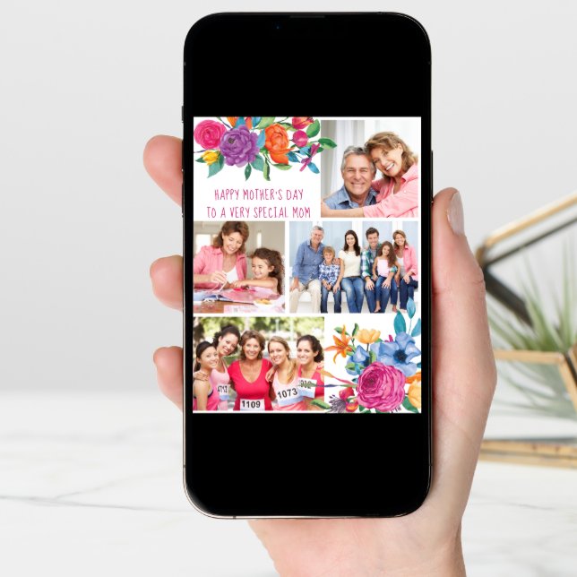 Photo Collage Colorful Floral Editable Card (Front Digital)