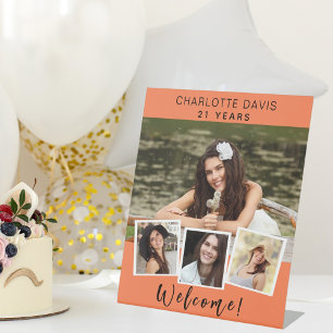 Photo collage coral birthday party welcome pedestal sign