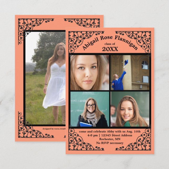 Photo Collage Coral Lace - 3x5 Grad Announcement (Front/Back)