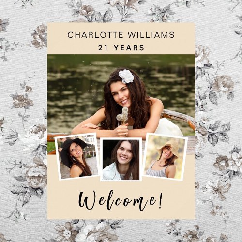 Photo collage cream ivory birthday party welcome poster