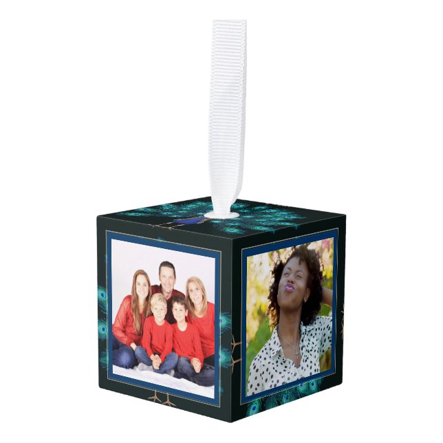 Photo Collage CUBE Christmas Ornament Peacock 2 (Front Angled)