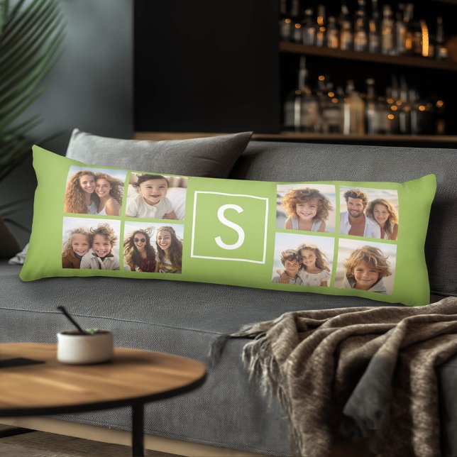 Photo Collage Custom Monogram - Lime Green Body Pillow (Custom Photo Collage and Monogram Body Pillow)