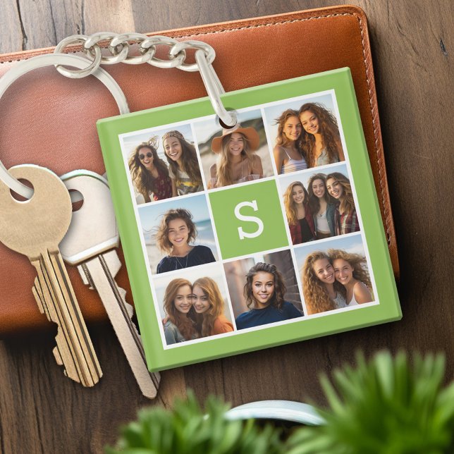 Photo Collage Custom Monogram - Lime Green Keychain (Personalized keychain with photo collage and monogram)