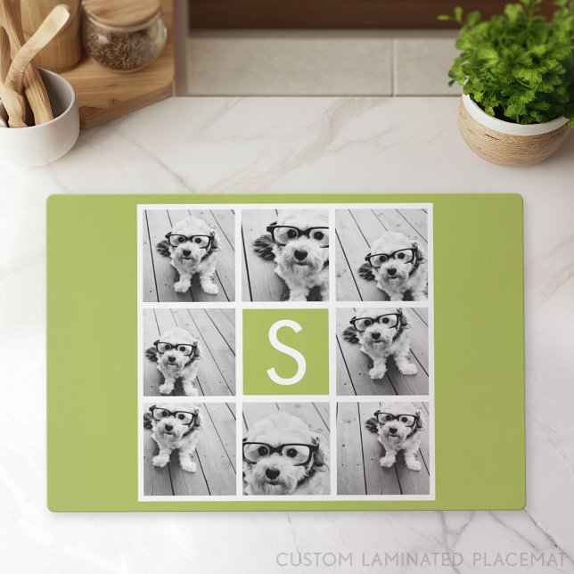 Photo Collage Custom Monogram - Lime Green Placemat (Custom Laminated Placemat)