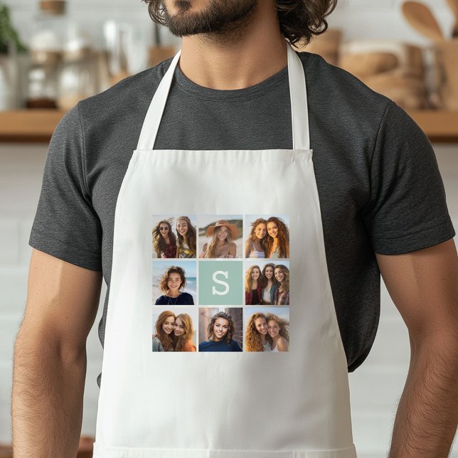 Photo Collage Custom Monogram Mint Green Adult Apron (Custom Apron with a Photo Collage)