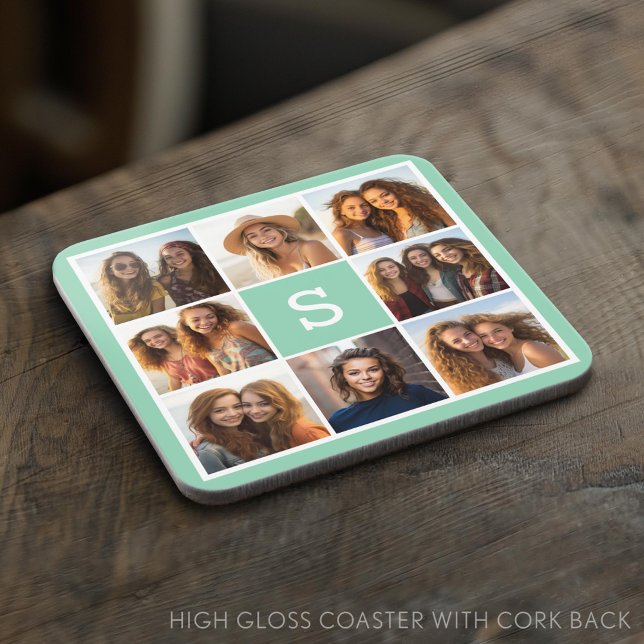 Photo Collage Custom Monogram Mint Green Beverage Coaster (Custom Photo Collage Coaster)